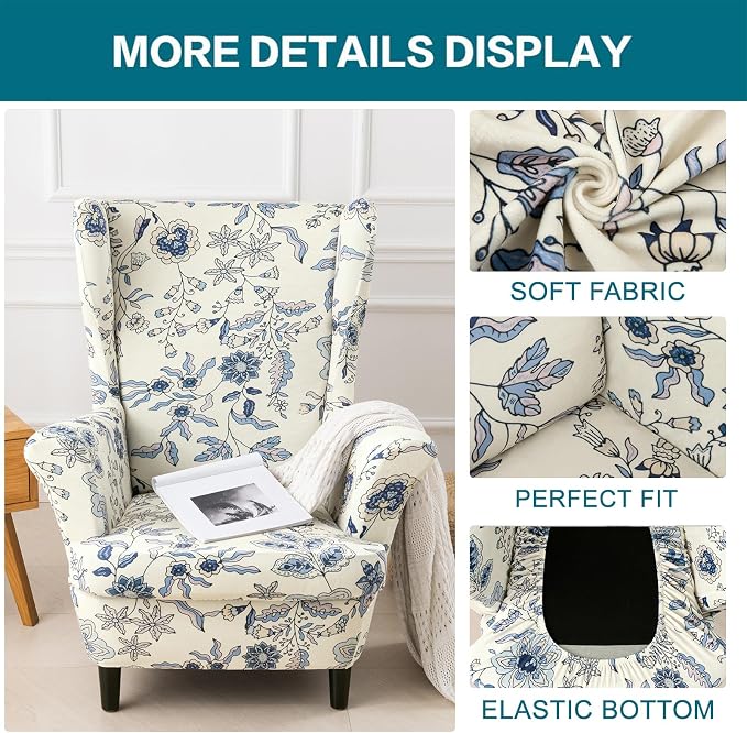KRFOONN Velvet Wing Chair Slipcovers 2 Piece Stretch Printed Wingback Chair - Image 3