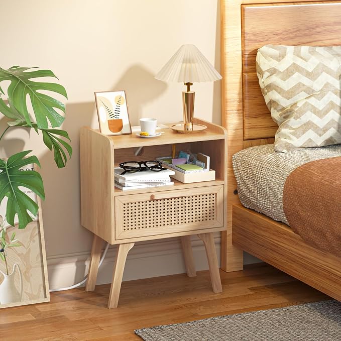 Lerliuo Rattan Nightstand with Charging Station, Boho Night Stand with Handmade - Image 2