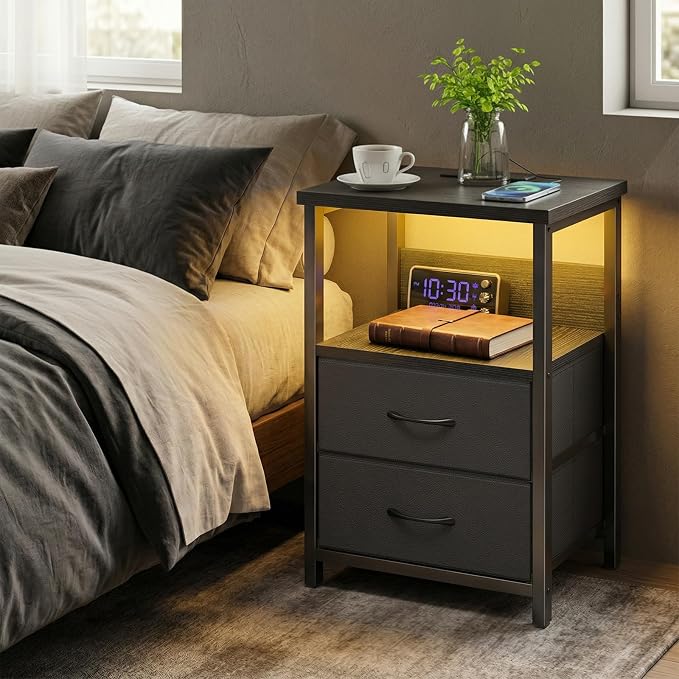 Fixwal Night Stand with Charging Station, LED Nightstand with U-S-B Ports and - Image 6