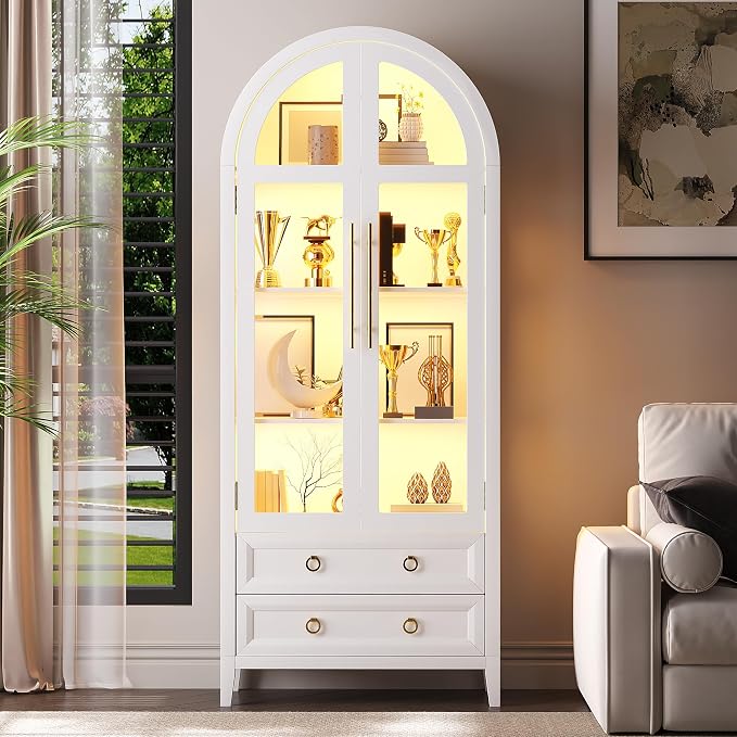 Arched Curio Cabinet with Glass Doors, 4-Tier Display Cabinet with 2 Drawers by Unknown