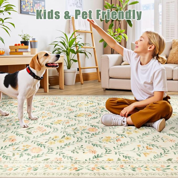Area Rug Living Room Rugs: Floral 4x6 Washable Rug Vintage Soft Boho Non-Slip - Image 8