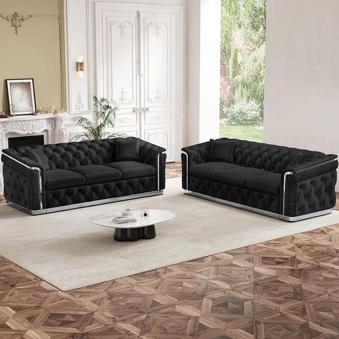 Luxury Chesterfield Sofa Set of 2, Velvet Tufted Couch Victorian Black and - Image 9