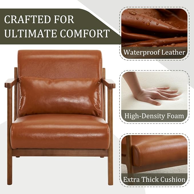 Accent Chair and Ottoman Set, Mid-Century Modern Faux Leather Armchair - Image 7