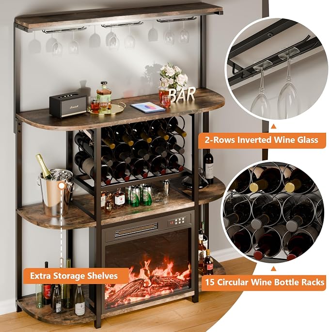 PUKAMI Bar Cabinet with Fireplace, Home Mini Bar Cabinet with Power Outlet and - Image 4