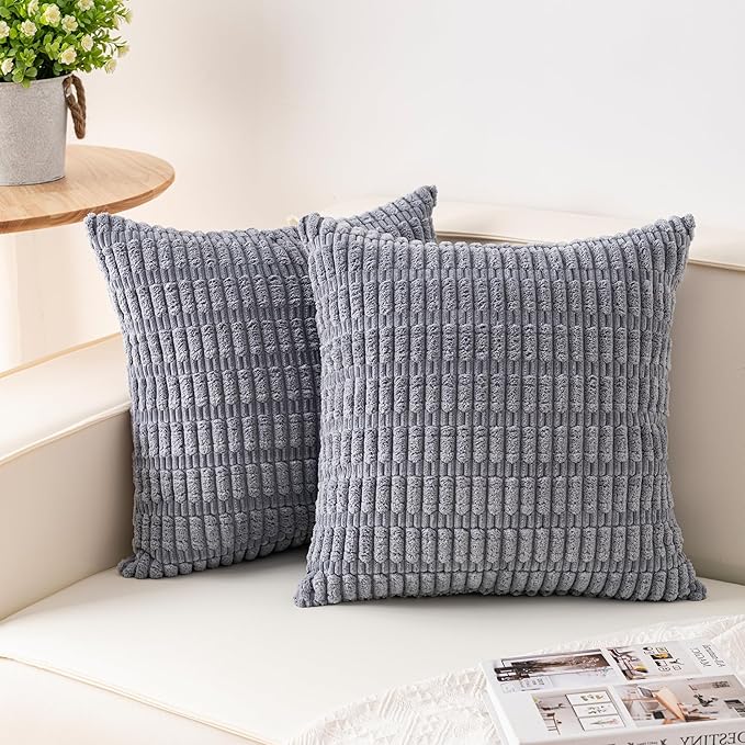 Pack of 2 Corduroy Decorative Throw Pillow Covers 24x24 InchSoft Striped Pillow by Unknown