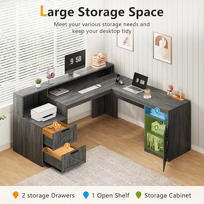 YOMILUVE 63" Farmhouse L Shaped Executive Desk - Image 4