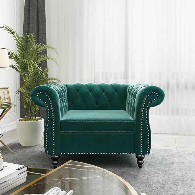 2 Piece Living Room Set, Velvet Chesterfield Sofa Couch Chair - Image 5