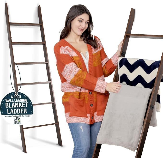 Blanket Ladder for Living Room and Bedroom, 5ft 8 inch, 6-Tier Wall Leaning - Image 3