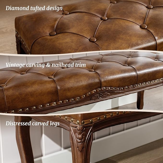 Cozyman Bedroom Bench, French Vintage Tufted Leather Bench, 45.2" Carving - Image 4