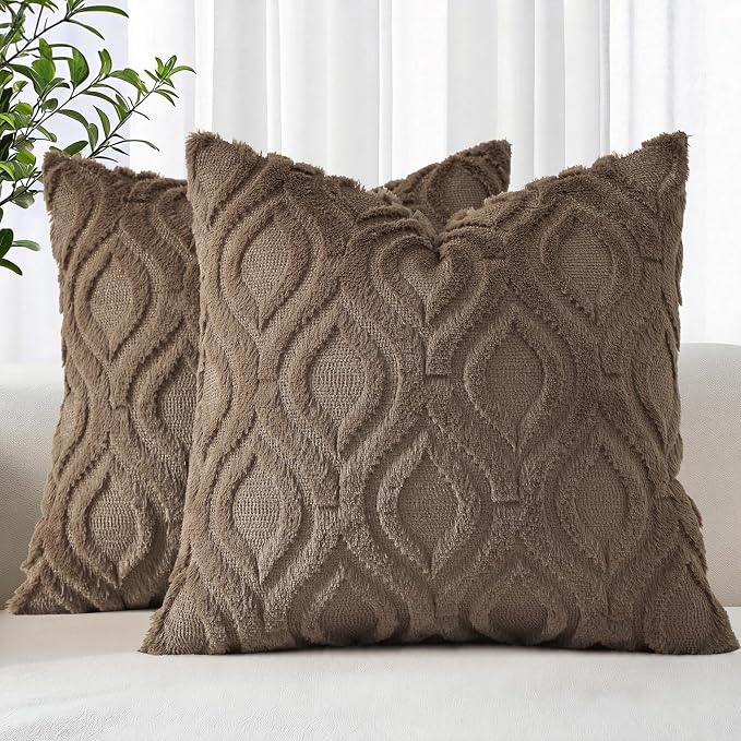 decorUhome Throw Pillow Covers 26x26 Inch Set of 2, Soft Plush Faux Wool Brown by decorUhome