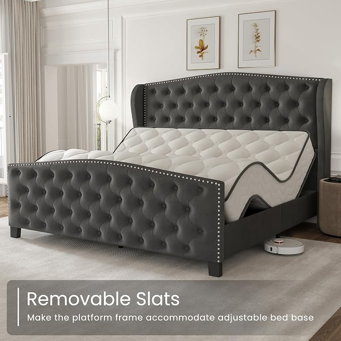 LARMACE Queen Size Bed Frame Velvet Upholstered Platform Bed - Image 9