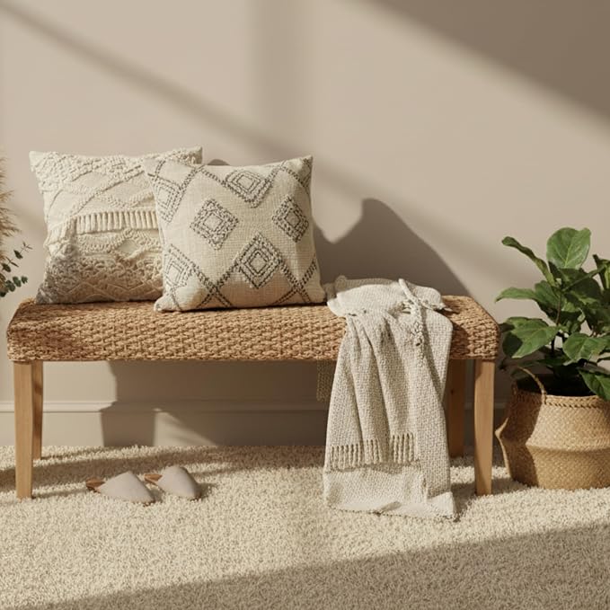 Indoor Bench Wicker for Entryway Bench, Wood Bench for Living Room Dining Bench - Image 4