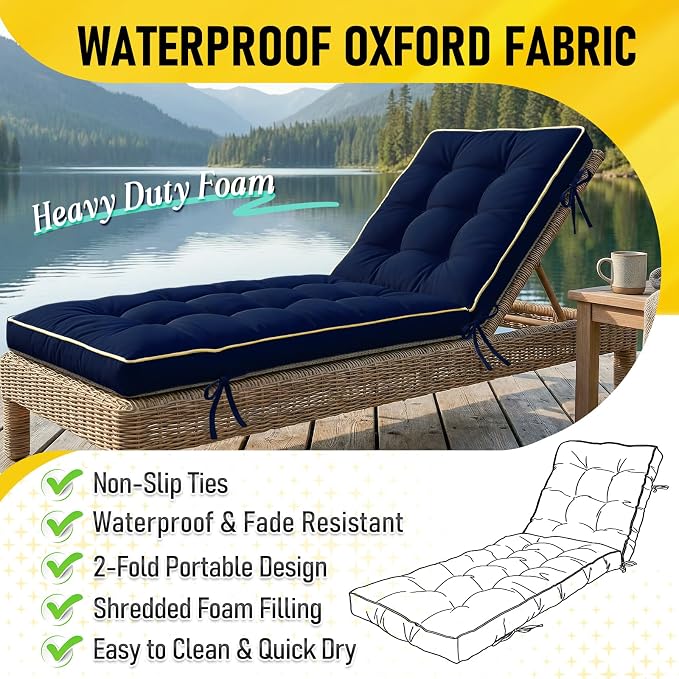 2 Pack 80x26 Inch Folding Chaise Lounge Cushion Quick Dry - Image 3