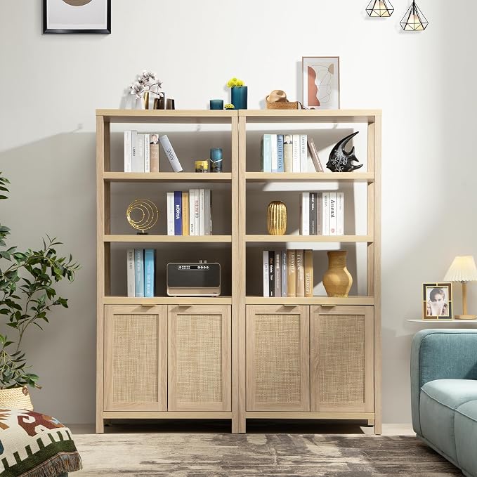 SICOTAS Bookshelf 5 Tier Book Shelf Rattan Boho 71" Tall Bookcase - Image 2
