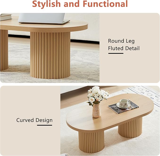 Oval Fluted Coffee Table, Farmhouse Wood Coffee Table Mid Century Modern Center - Image 6