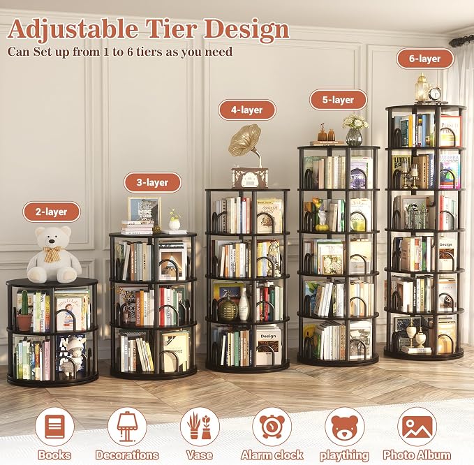 Aheaplus 6 Tier Rotating Bookshelf Tower, Revolving Bookcase, 360° Round - Image 5