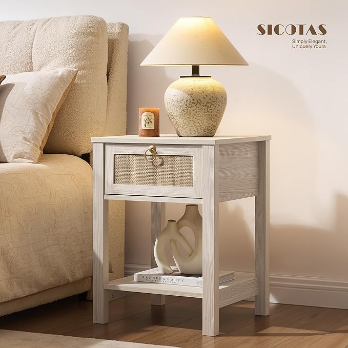 SICOTAS White Nightstand Set of 2, Rattan Decor Drawer - Image 5
