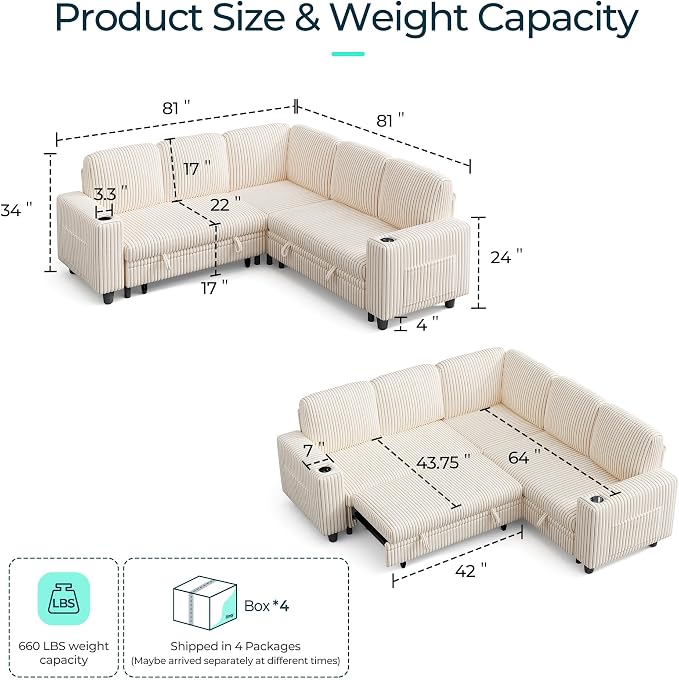 LINSY HOME Sectional Sofa with Pull Out Bed, 5 Seats Corduroy Reversible - Image 2