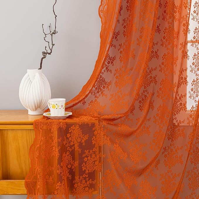 YJ YANJUN Vintage Lace Curtains 84 Inches Long-Rustic Floral Bohemian Burnt - Image 4