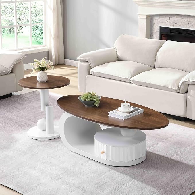 Modern Oval Coffee Table Set of 2, Wood Living Room Accent Coffee Table and by Henf