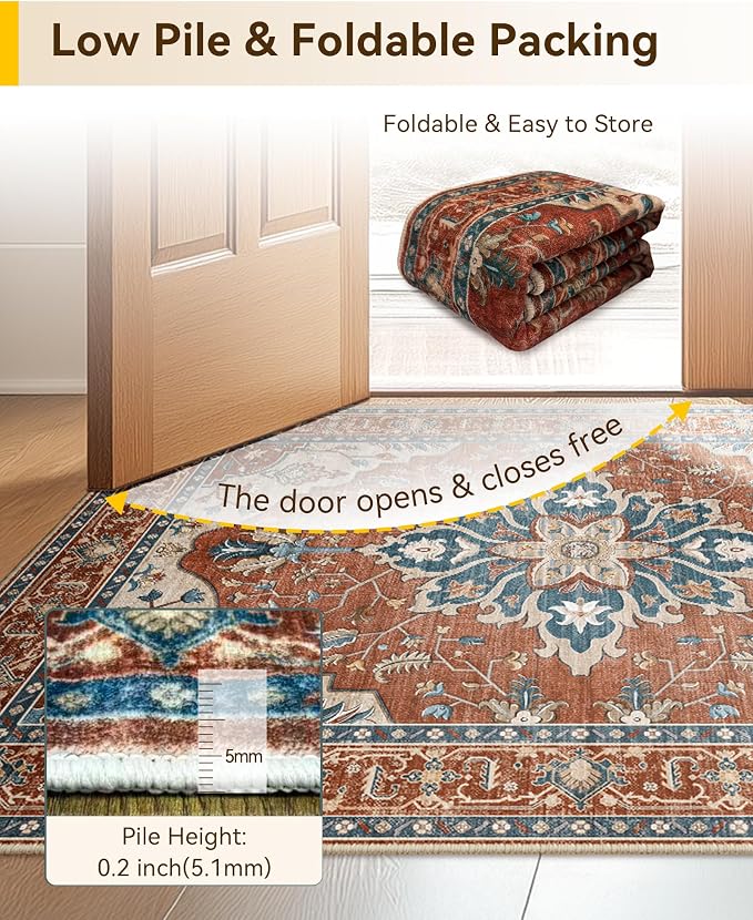 Area Rugs 5'x7' Washable Non-Slip, Floral Vintage Distress Print Pattern - Image 9