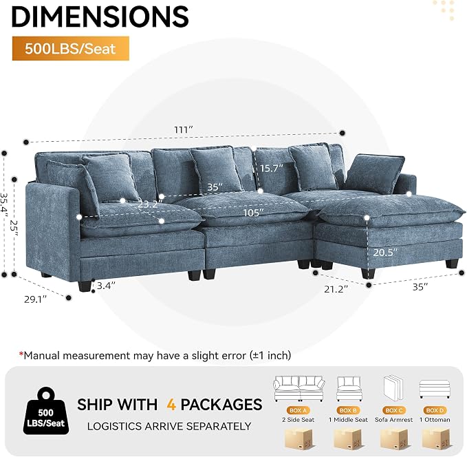111'' Sectional Cloud Deep Seat Couch, Modern Comfy Chenille L Shaped Sectional - Image 2