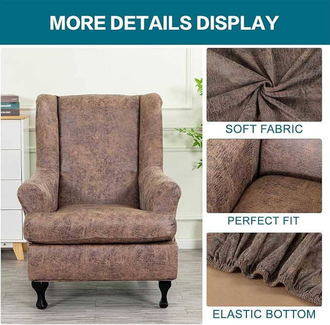 KRFOONN Wing Chair Slipcovers 2 Piece Stretch Leather Look Wingback Chair - Image 4