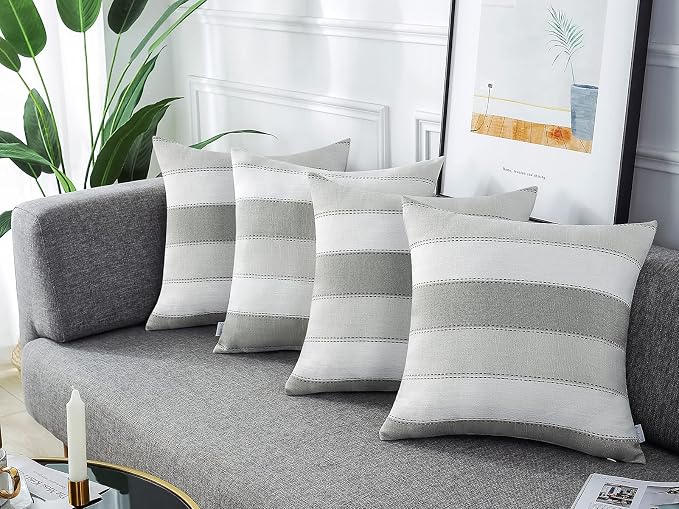 AmHoo Pack of 2 Farmhouse Stripe Check Throw Pillow Covers Set Case Cotton - Image 3