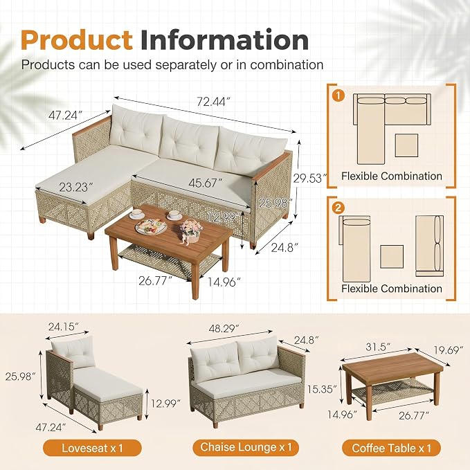 Devoko Wicker Patio Furniture Set, 3 Pieces Outdoor Sofa - Image 2