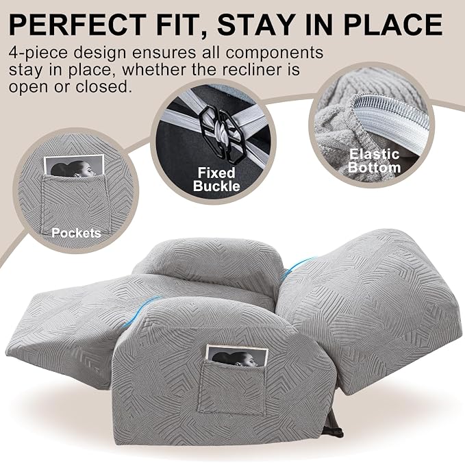 Recliner Chair Covers, 4-Piece Stretch Geometric Strokes Jacquard Reclining - Image 4