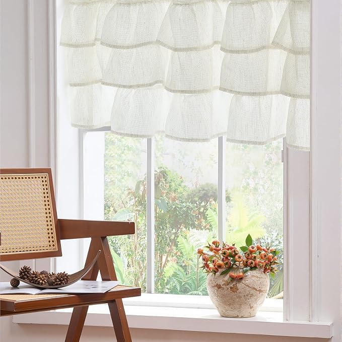 jinchan Ruffled Valance Curtain Slubbed Crossed Hatch Kitchen Valance - Image 4