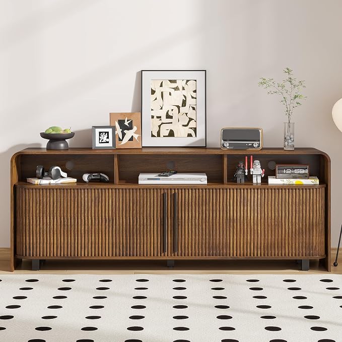 Fluted TV Stand for 75 65 80 Inch TV, 70 Inch Long Walnut Entertainment Center - Image 4