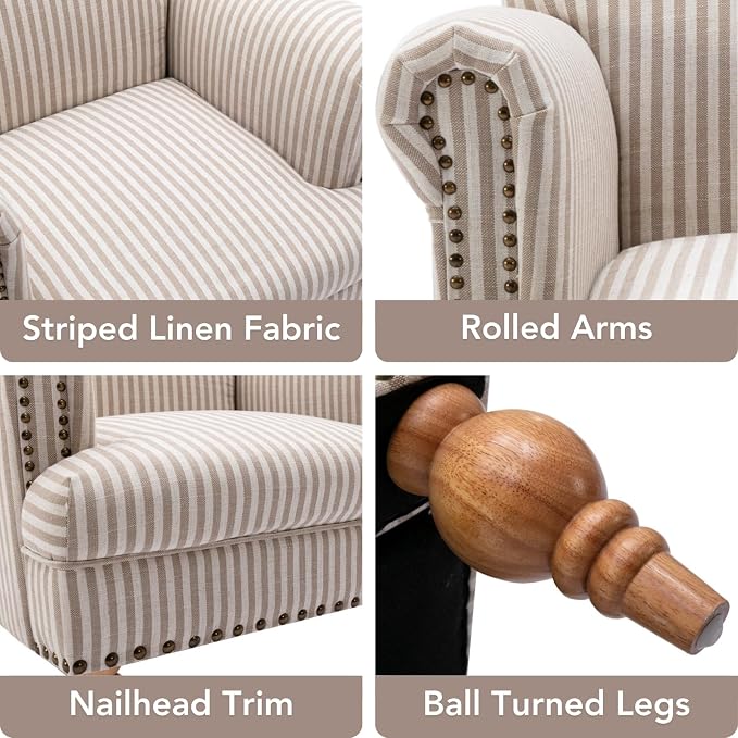 Khaki Striped Linen Fabric Accent Chair, Modern Farmhouse Upholstered Armchair - Image 3