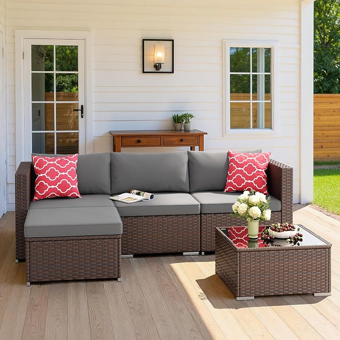 Aiho 5 Pieces Patio Furniture Set All-Weather Outdoor Wicker Sectional Patio - Image 4