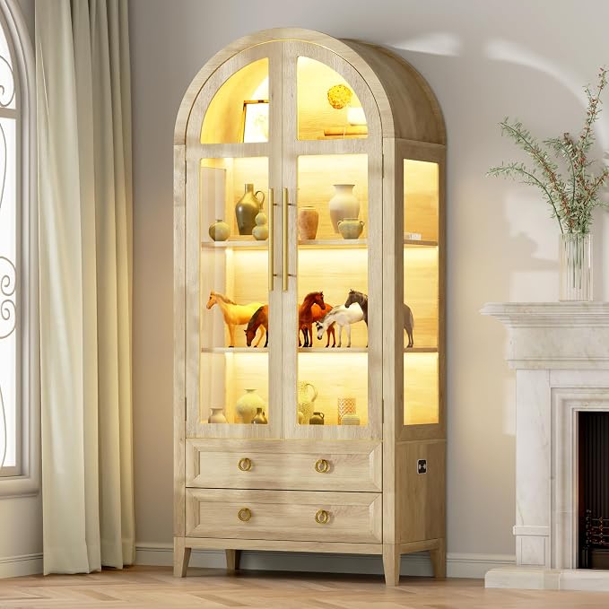 Arched Curio Cabinet with Glass Doors, 4-Tier Display Cabinet with 2 Drawers by Unknown