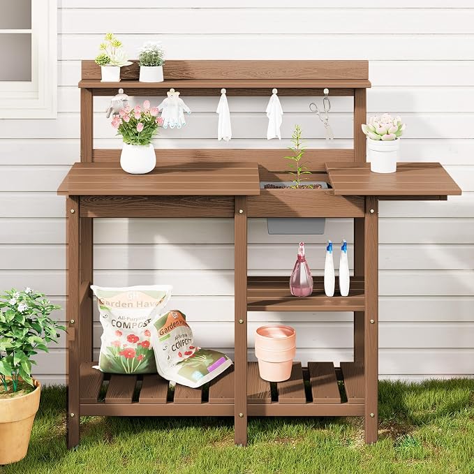 SERWALL Outdoor Potting Bench 2-Piece Set, Rot-Resistant HDPE Potting Table - Image 9
