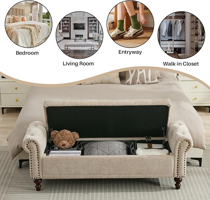 SOFTHION 58.1" Storage Bench Upholstered Chenille End of Bedroom Bed Bench - Image 7