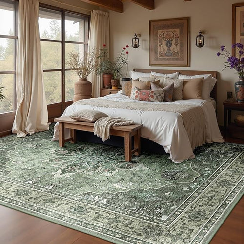 Area Rugs 10'x12' Washable Non-Slip, Floral Vintage Distress Print Pattern - Image 2