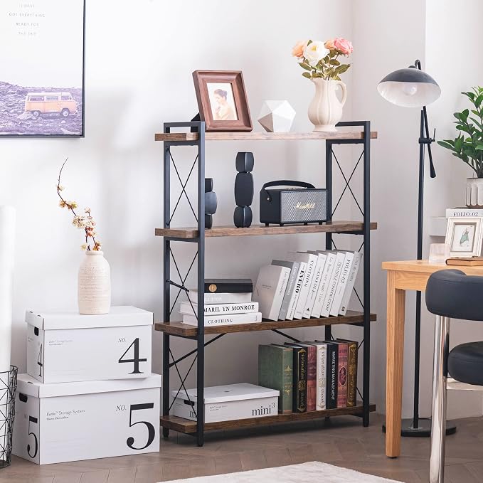 HCHQHS Bookshelf, 4-Tier Industrial Bookcase, Rustic Open Book Shelf, - Image 7
