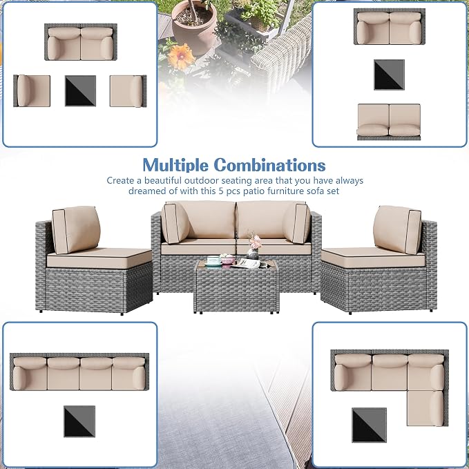 Shintenchi 5 Pieces Outdoor Patio Furniture Sets, Patio Sectional Sofa Couch - Image 6