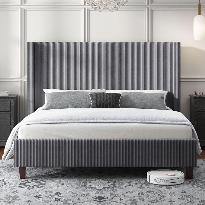 HOWE King Size Bed Frame with 50.8" Tall Wingback Headboard, Modern Corduroy - Image 3