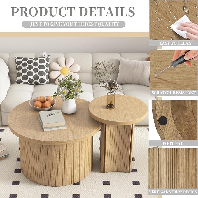 Mxtxmy Set of 2 Nesting Coffee Tables Farmhouse, Round Coffee Table Living Room - Image 6