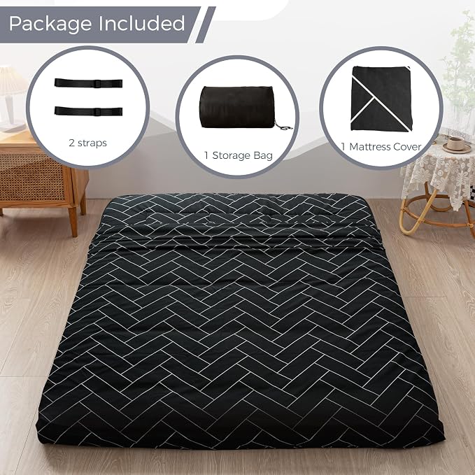 MAXYOYO Black Geometric Pattern Futon Mattress, Japanese Floor Mattress Quilted - Image 4