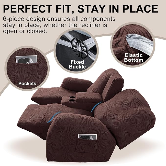 Recliner Loveseat Covers with Console, 6-Piece Stretch Geometric Strokes - Image 4