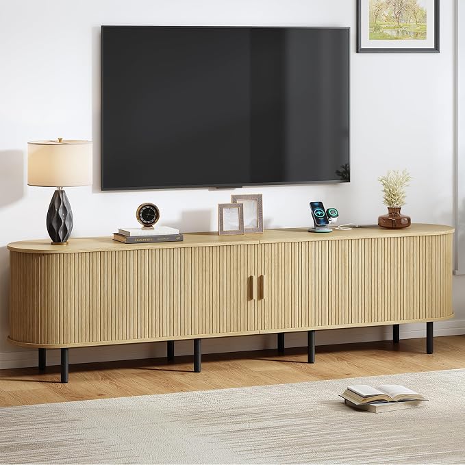 86.6" TV Stand with Power Outlet, Mid-Century Modern Television Stand, Fluted by ComfyCorner