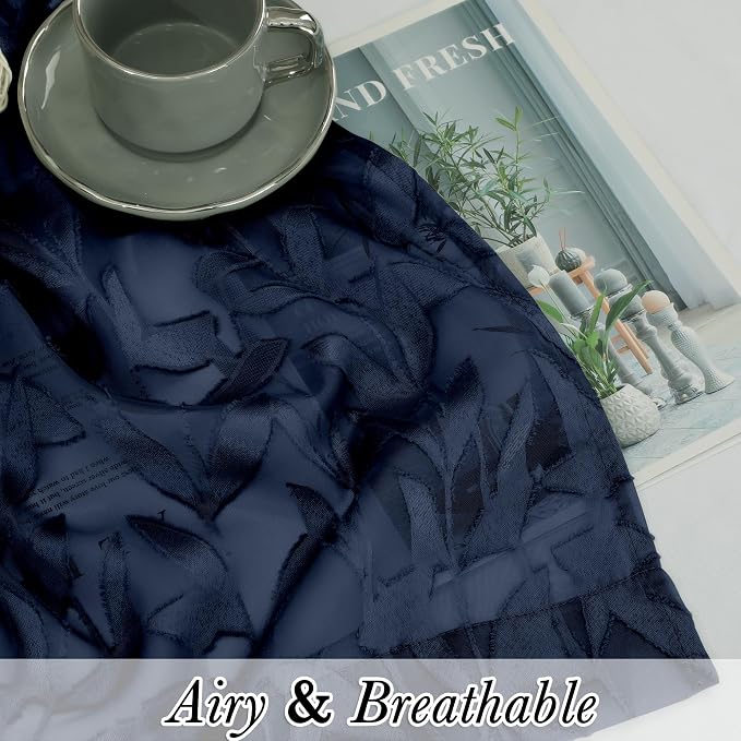 Lecloud Leia Navy Blue Sheer Kitchen Curtains 30 Inch Length 2 Pcs, Leaf - Image 2