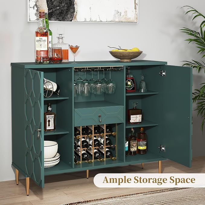Modern Bar Cabinet with Drawer, Liquor Cabinet with Wine Glass Racks and Shelves - Image 3