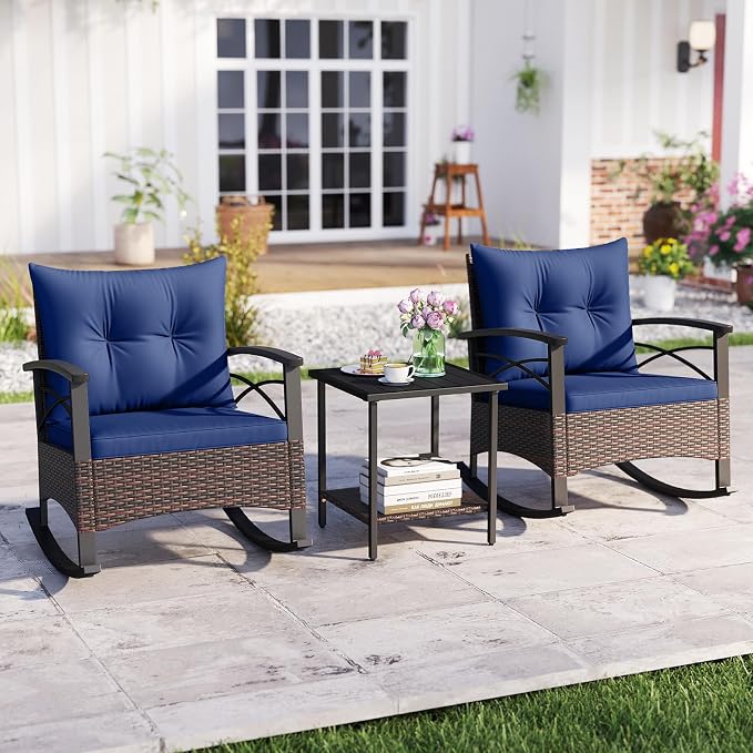 Tangkula 3 Piece Rattan Rocking Chair Set, Patio Rocker Bistro Set w/Acacia - Image 2
