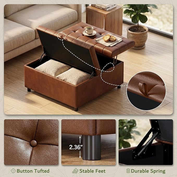 LINLUX Extra Large Leather Storage Ottoman, 35.5 Inch Large Square Lift Top - Image 6