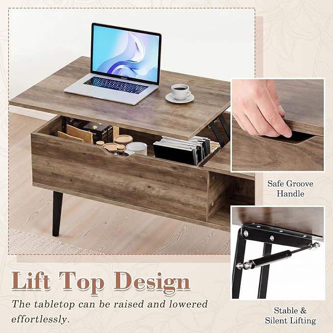 OLIXIS Wooden Coffee Table, Lift Top Coffee Table - Image 4